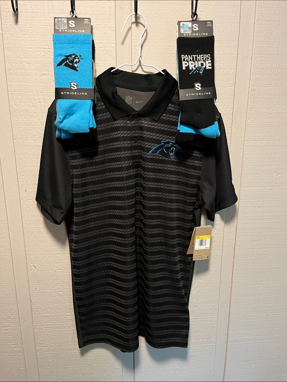 Carolina Panthers Nike Dry Fit Polo & 1 Two Pack of Strideline Socks